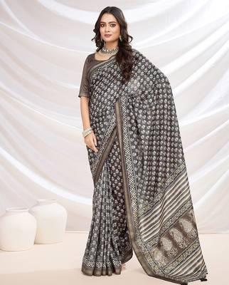 black ajrak printed block pashmina saree 4