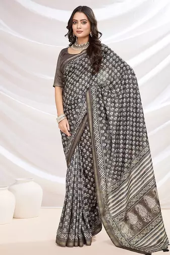 black ajrak printed block pashmina saree