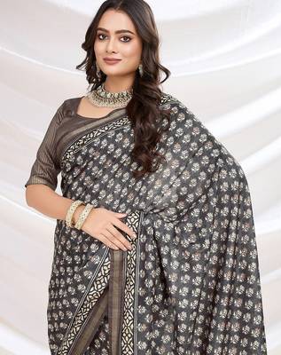 black ajrak printed block pashmina saree 5