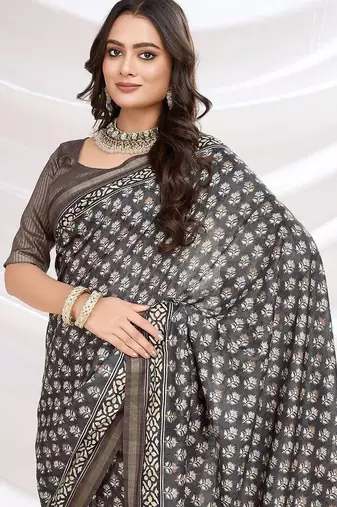 black ajrak printed block pashmina saree