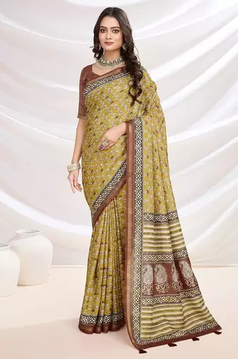 Yellow floral printed saree with blouse piece