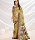 Yellow floral printed saree with blouse piece