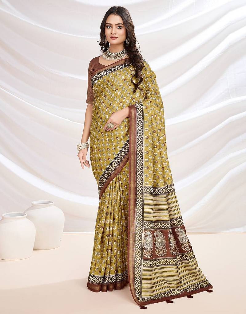 Yellow floral printed saree with blouse piece