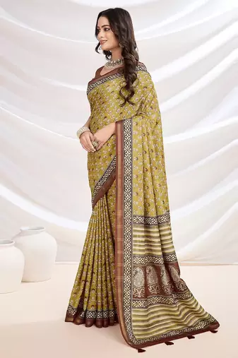 Yellow floral printed saree with blouse piece