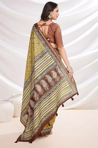 Yellow floral printed saree with blouse piece