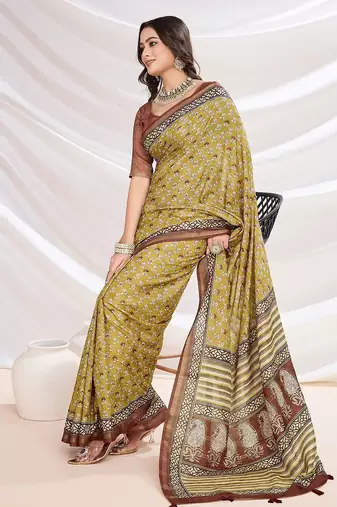Yellow floral printed saree with blouse piece