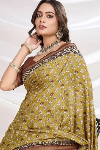 Yellow floral printed saree with blouse piece