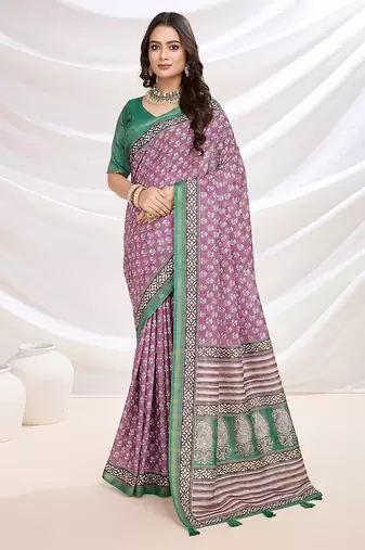 Pink floral printed saree with blouse piece