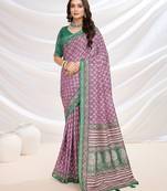 Pink floral printed saree with blouse piece