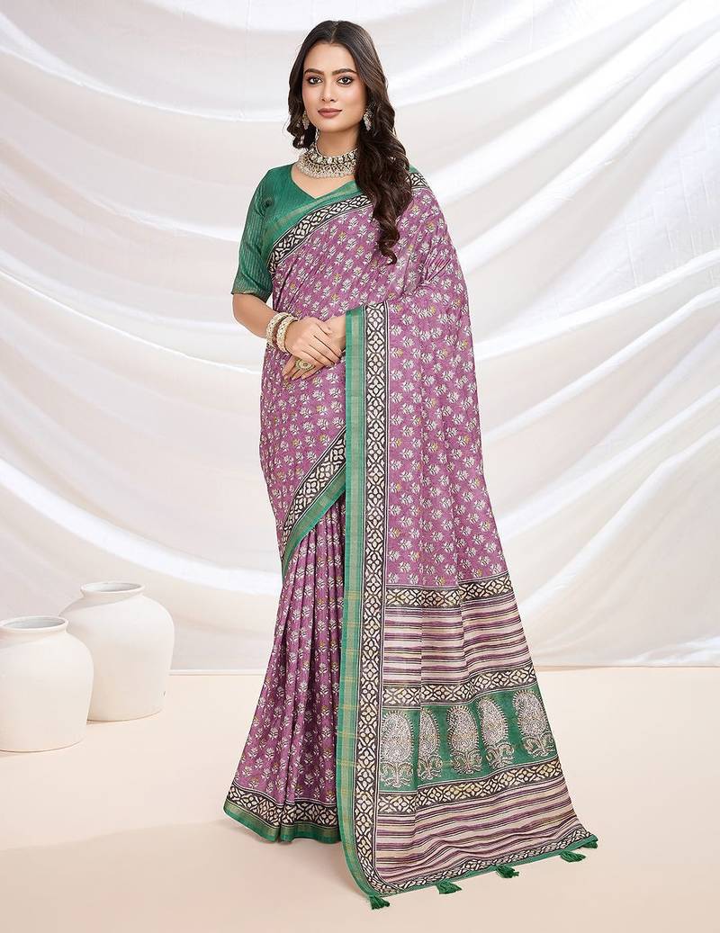 Pink floral printed saree with blouse piece