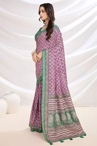 Pink floral printed saree with blouse piece