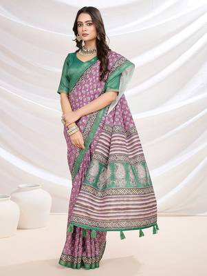 Pink floral printed saree with blouse piece 4