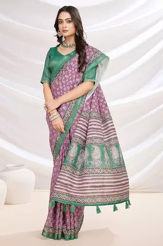 Pink floral printed saree with blouse piece