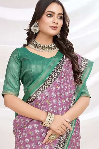 Pink floral printed saree with blouse piece