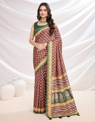 Red ajrak printed pashmina saree 1