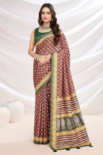 Red ajrak printed pashmina saree
