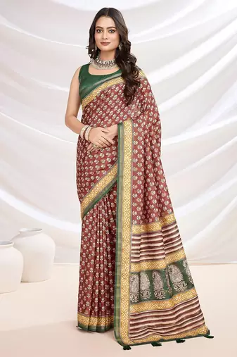 Red ajrak printed pashmina saree