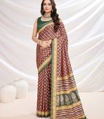 Red ajrak printed pashmina saree