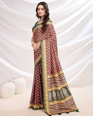 Red ajrak printed pashmina saree 2