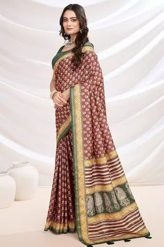 Red ajrak printed pashmina saree