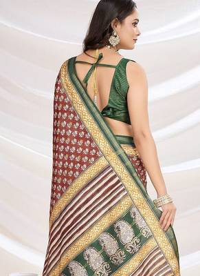 Red ajrak printed pashmina saree 3