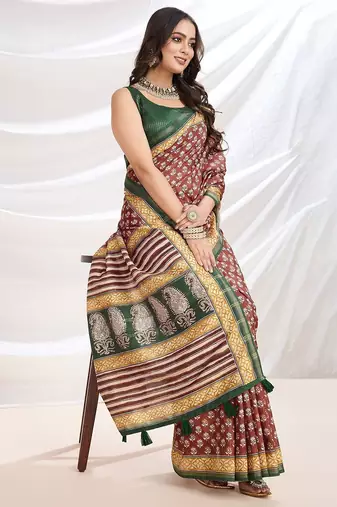 Red ajrak printed pashmina saree