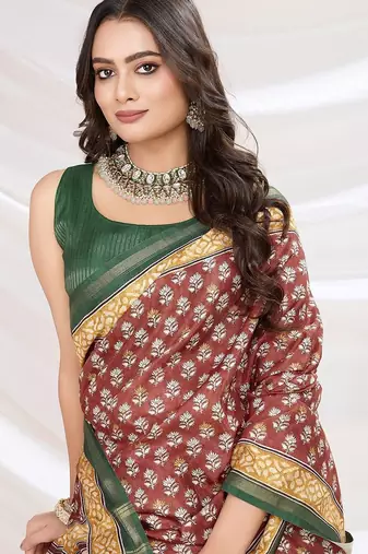 Red ajrak printed pashmina saree