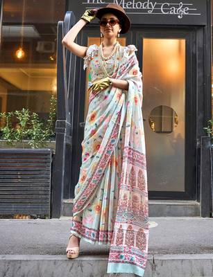 blue ethnic motifs printed satin bagru saree 1