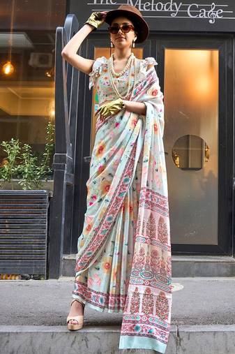 blue ethnic motifs printed satin bagru saree