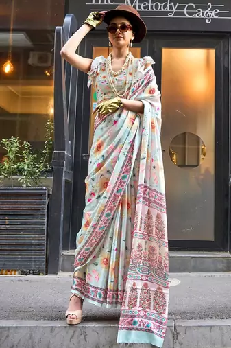 blue ethnic motifs printed satin bagru saree