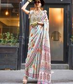 blue ethnic motifs printed satin bagru saree