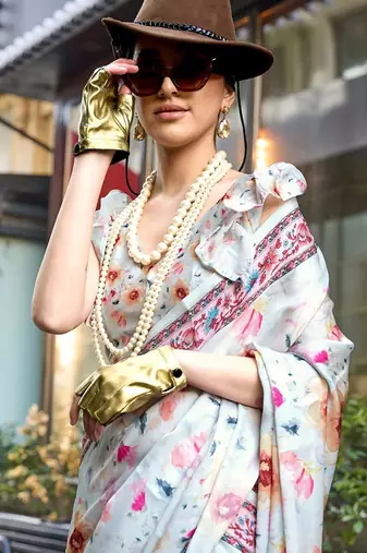 blue ethnic motifs printed satin bagru saree