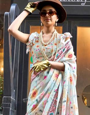 blue ethnic motifs printed satin bagru saree 3