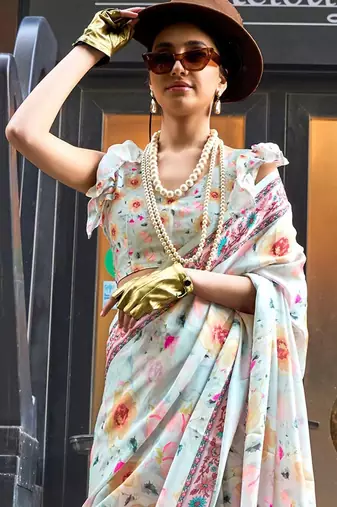 blue ethnic motifs printed satin bagru saree