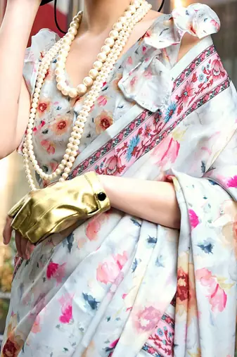 blue ethnic motifs printed satin bagru saree