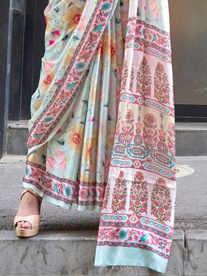 blue ethnic motifs printed satin bagru saree 5