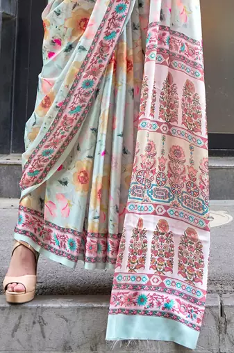 blue ethnic motifs printed satin bagru saree