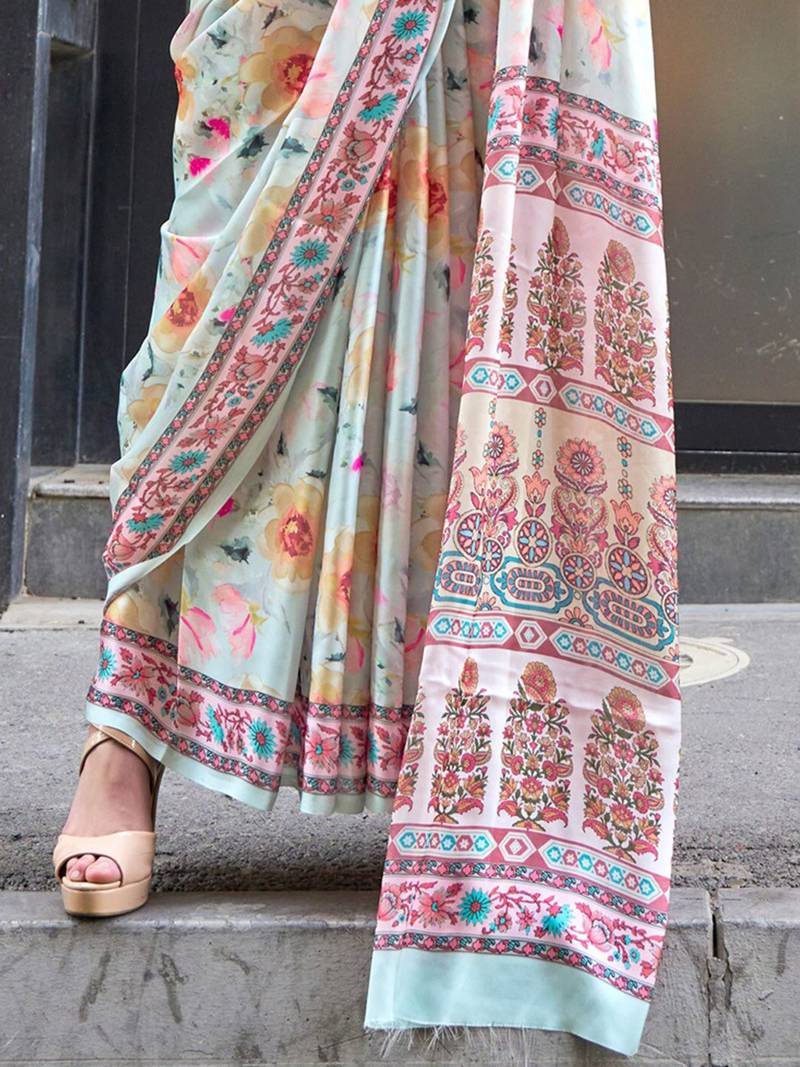 blue ethnic motifs printed satin bagru saree