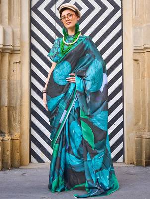 black black & blue satin bagru saree 1