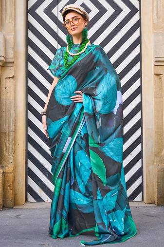 black black & blue satin bagru saree