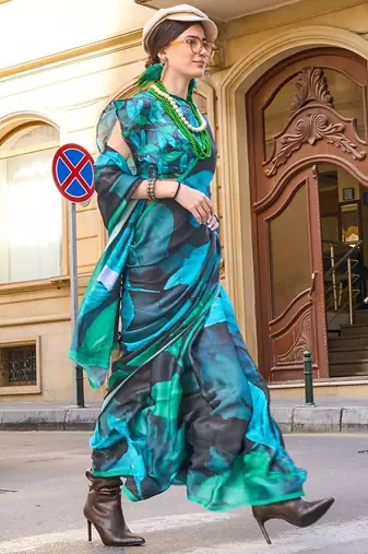 black black & blue satin bagru saree