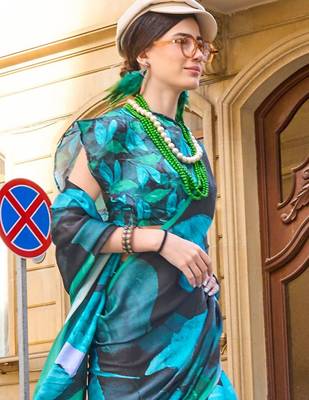 black black & blue satin bagru saree 3