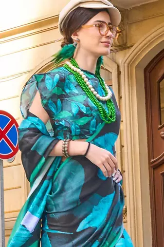 black black & blue satin bagru saree