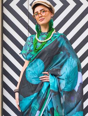 black black & blue satin bagru saree 4