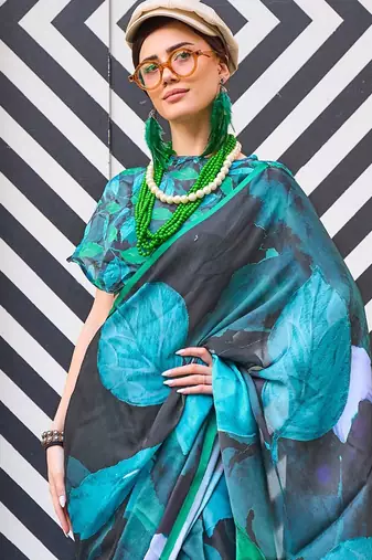 black black & blue satin bagru saree