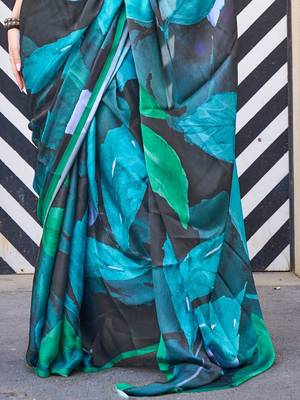 black black & blue satin bagru saree 5