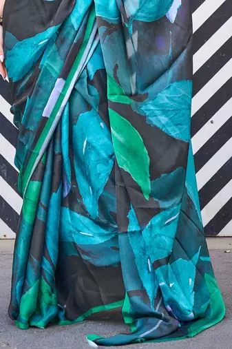 black black & blue satin bagru saree