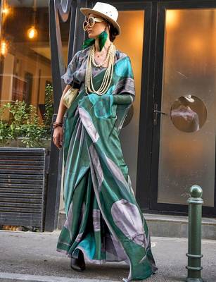 Green green abstract printed satin bagru saree 1