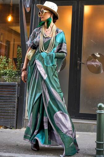 Green green abstract printed satin bagru saree