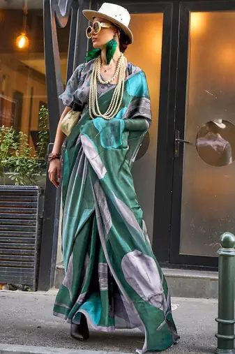 Green green abstract printed satin bagru saree